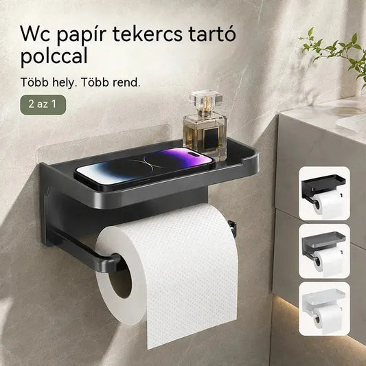 Falra szerelhető WC-papírtartó kiegészítőkkel, masszív talppal, modern fürdőszobai polccal, könnyen felszerelhető, mobiltelefonok és egyéb tárgyak tárolására alkalmas.