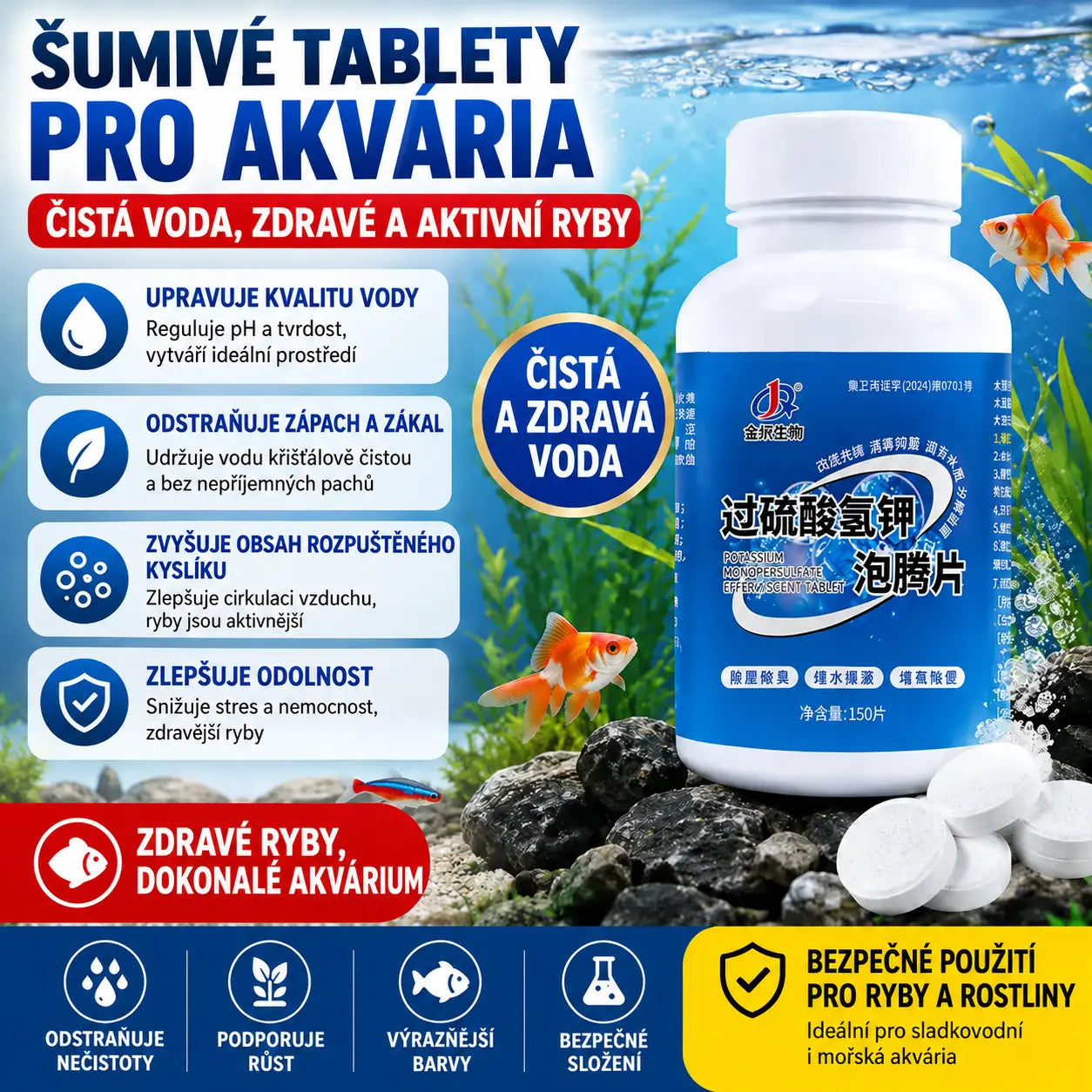 🔥【150 kapslí】🐟🌿 Víceúčelové tablety na čištění vody v akváriích: Sterilizují, odstraňují chlór a čistí vodu; vhodné pro akvária i zahradní jezírka.
