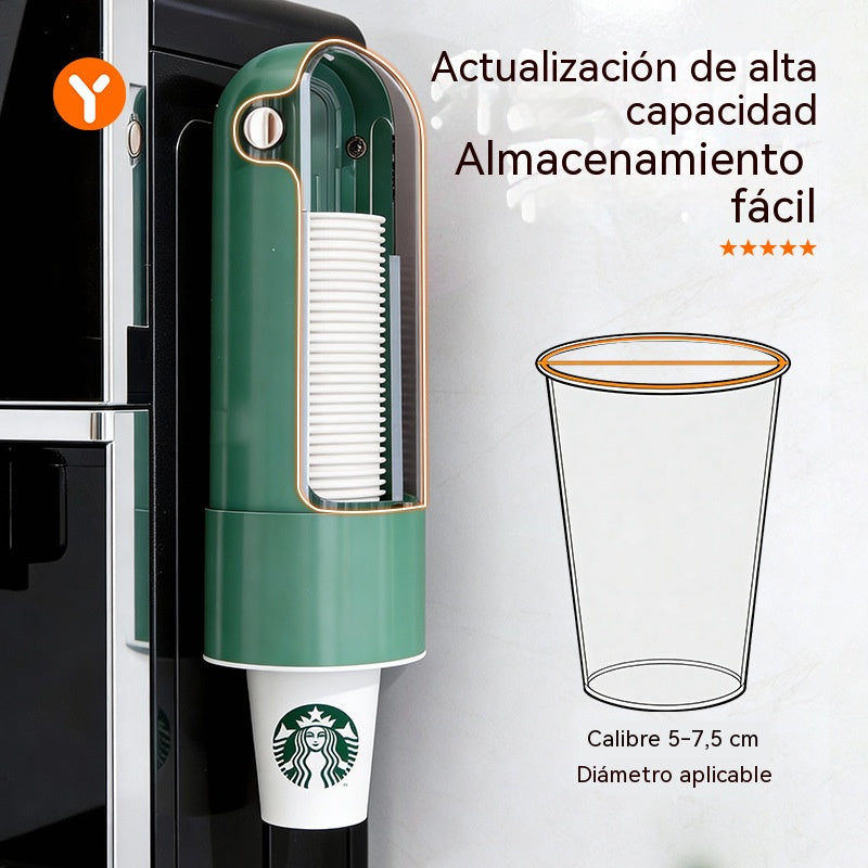 Dispensador de vasos desechables, para montaje en pared en el hogar.