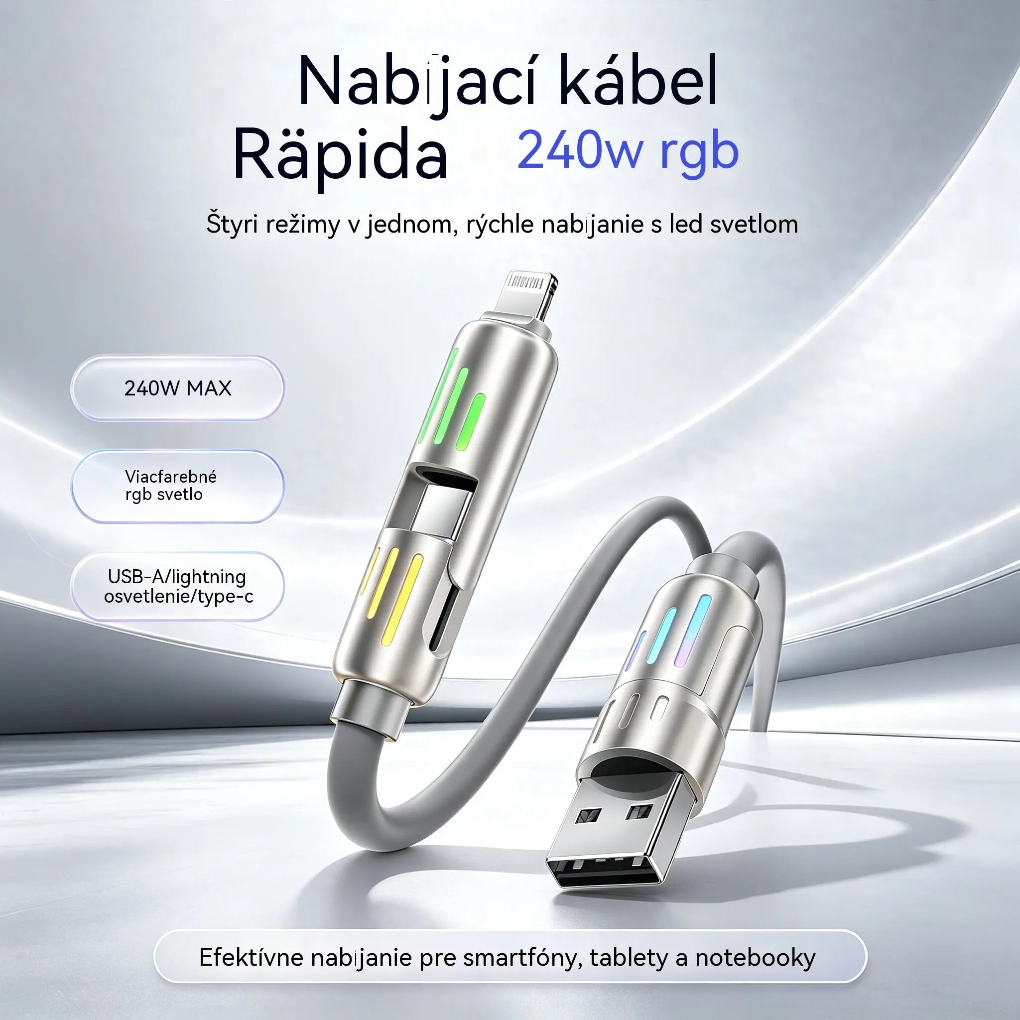 🔥 (2 metre dlhý) 4-v-1 PD 240W kábel – USB-C, Lightning a USB-A rýchle nabíjanie, hliník a silikón, synchronizácia dát ⚡📱