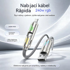 🔥 (2 metre dlhý) 4-v-1 PD 240W kábel – USB-C, Lightning a USB-A rýchle nabíjanie, hliník a silikón, synchronizácia dát ⚡📱