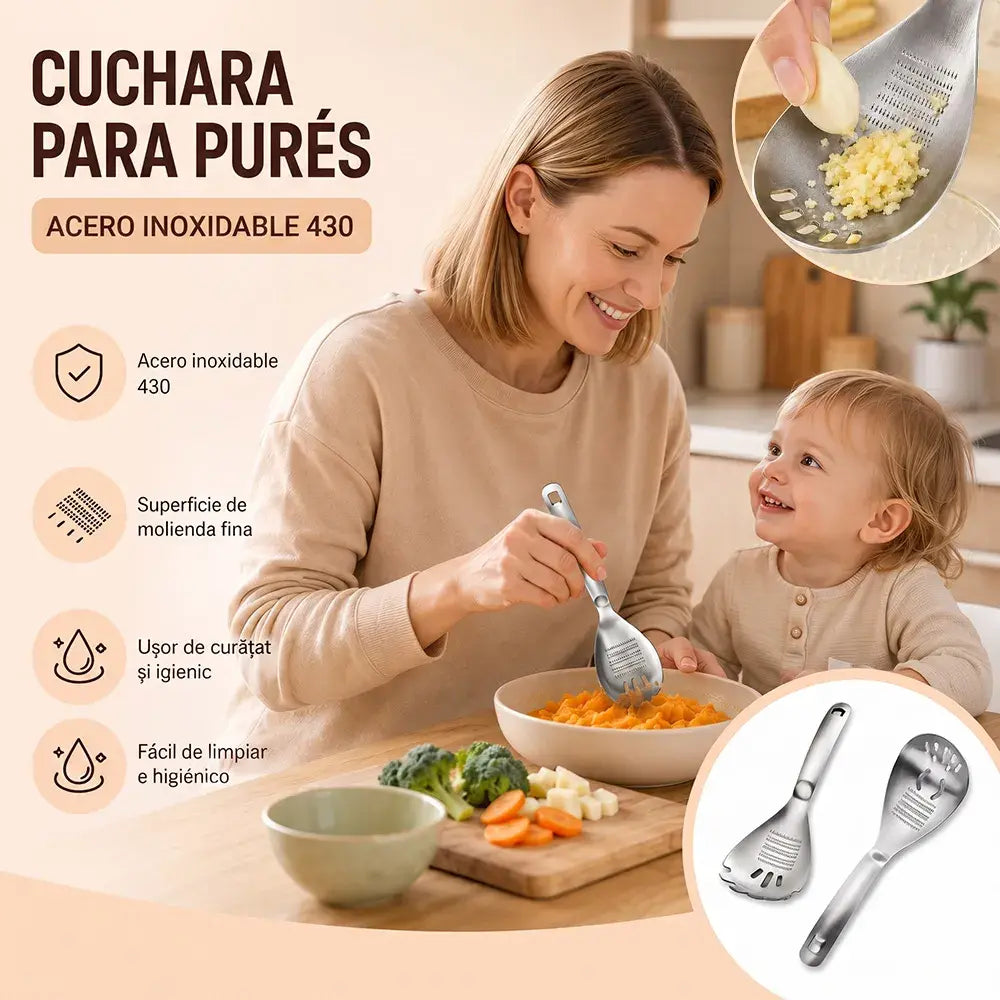🥄🔪 Cuchara Multifuncional de Acero Inoxidable – Ralla Jengibre, Muele Ajo, Hace Purés y Cuela 🧄🥕