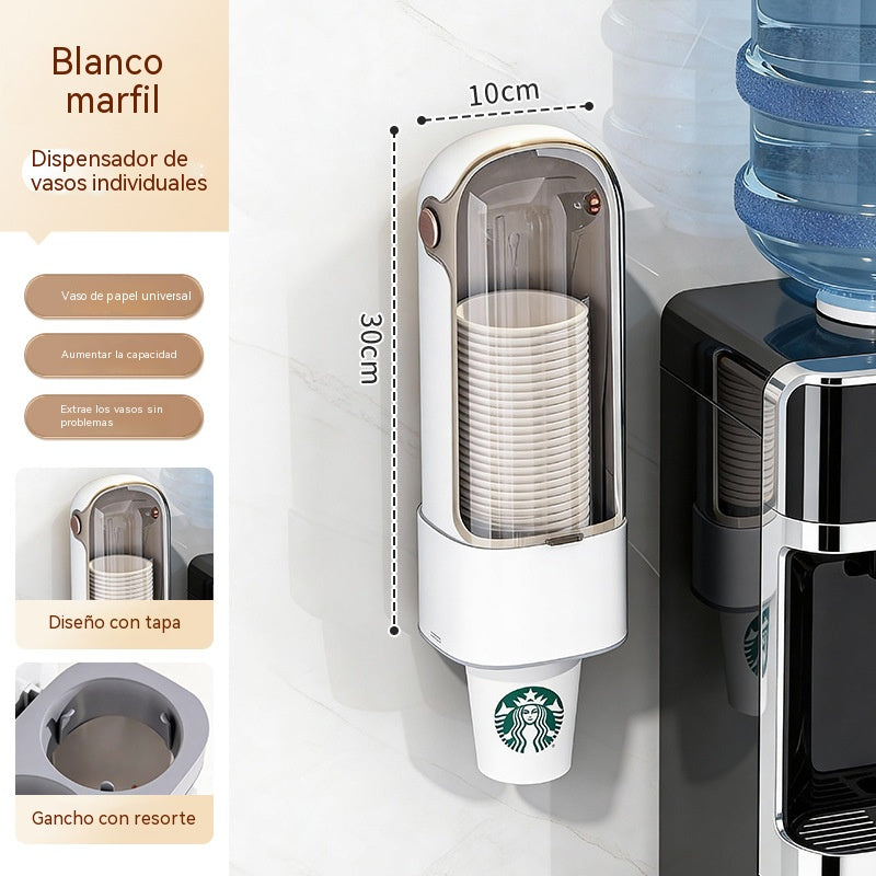 Dispensador de vasos desechables, para montaje en pared en el hogar.