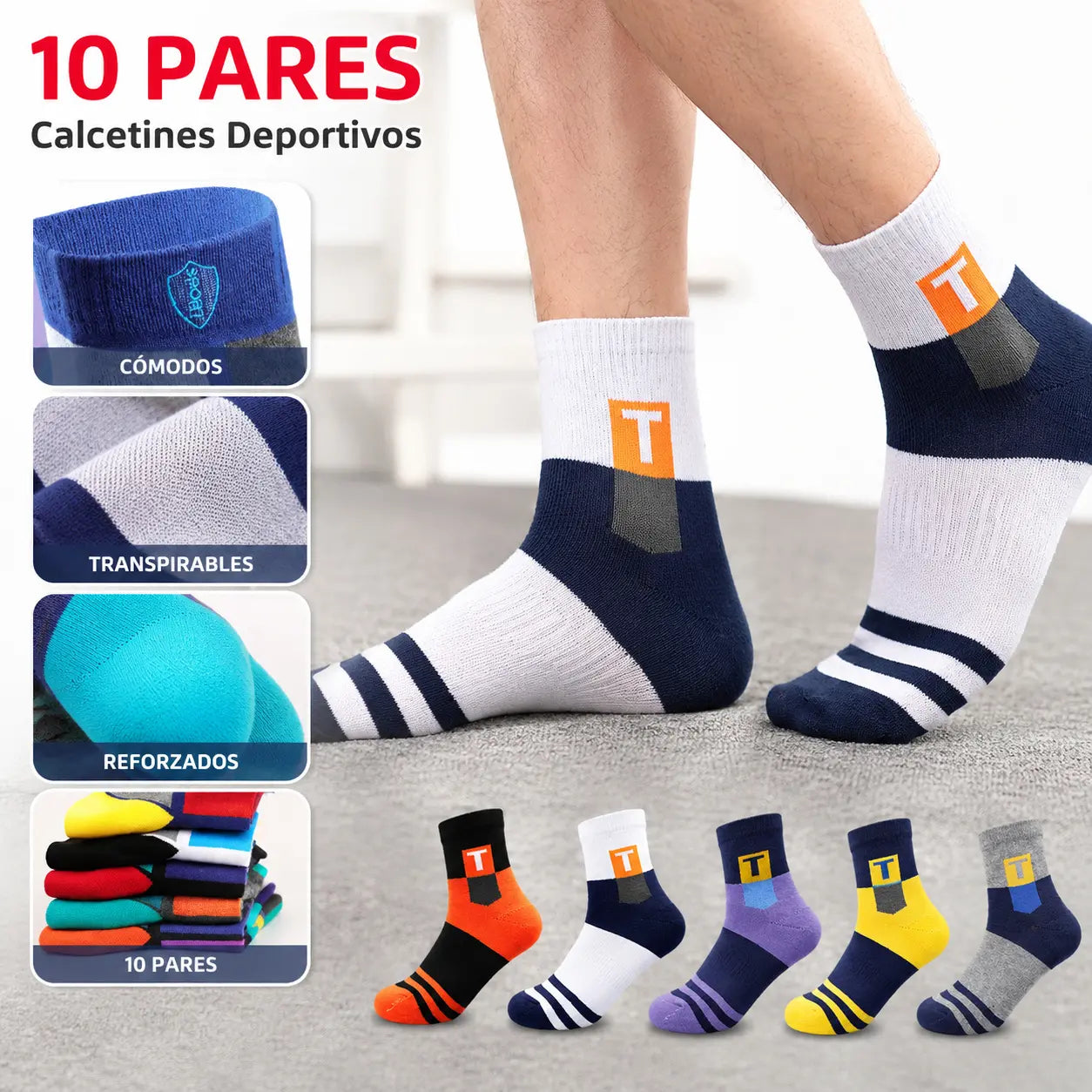 【10 pares】Calcetines deportivos transpirables, antiolores y absorbentes del sudor para hombre