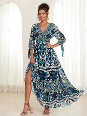 💟【S-5XL】👗Vestido largo con cuello en V y volantes florales para mujer, novedad de verano 2024, estilo bohemio para vacaciones