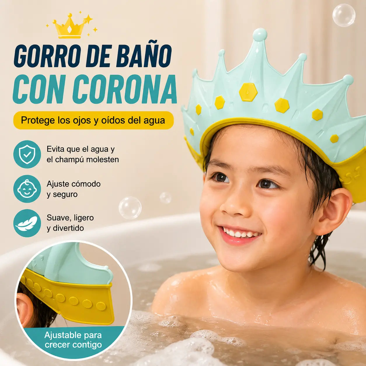 📢📢 ¡40% de descuento! ⏰ Gorro de ducha impermeable para niños, ajustable con diseño de corona de dibujos animados ✨
