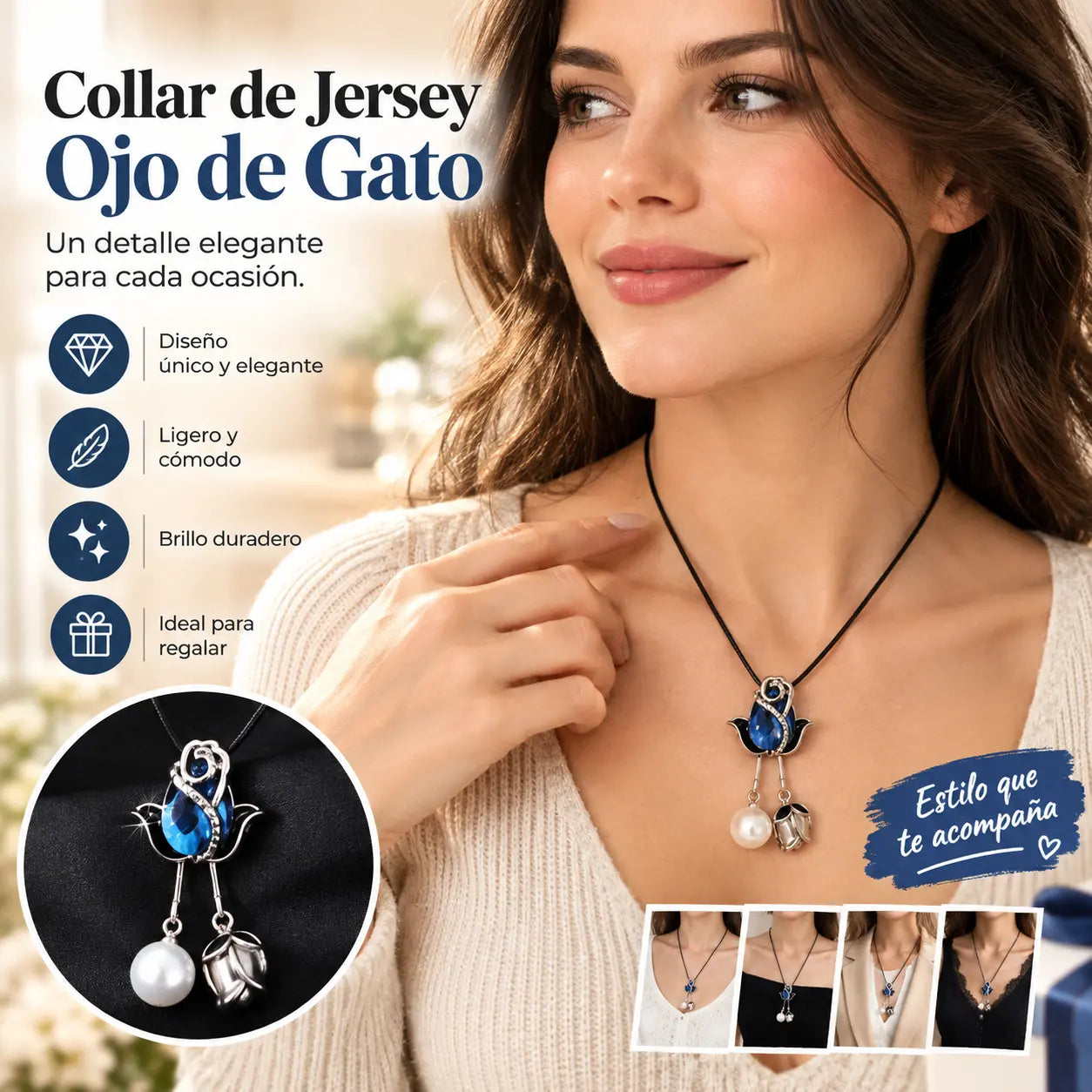 💝【2 piezas】✨Collar largo de tulipán con ojo de gato, cadena para suéter, accesorios de ropa