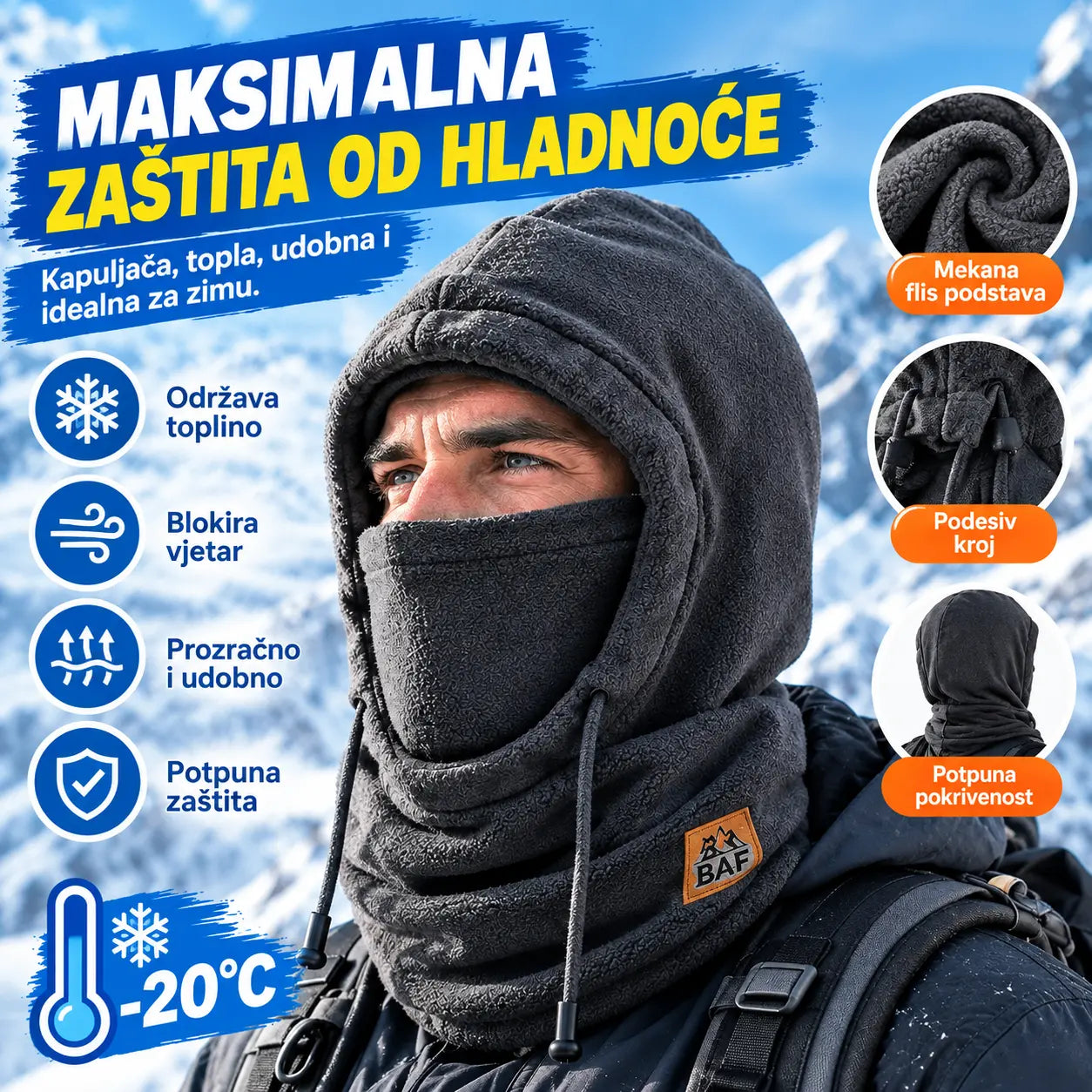 ❄️ Potpuno termalna kapa s flis podstavom koja grije do -20 stupnjeva Celzija. ⛷️ Idealna za skijanje, vožnju motociklom i aktivnosti na otvorenom.