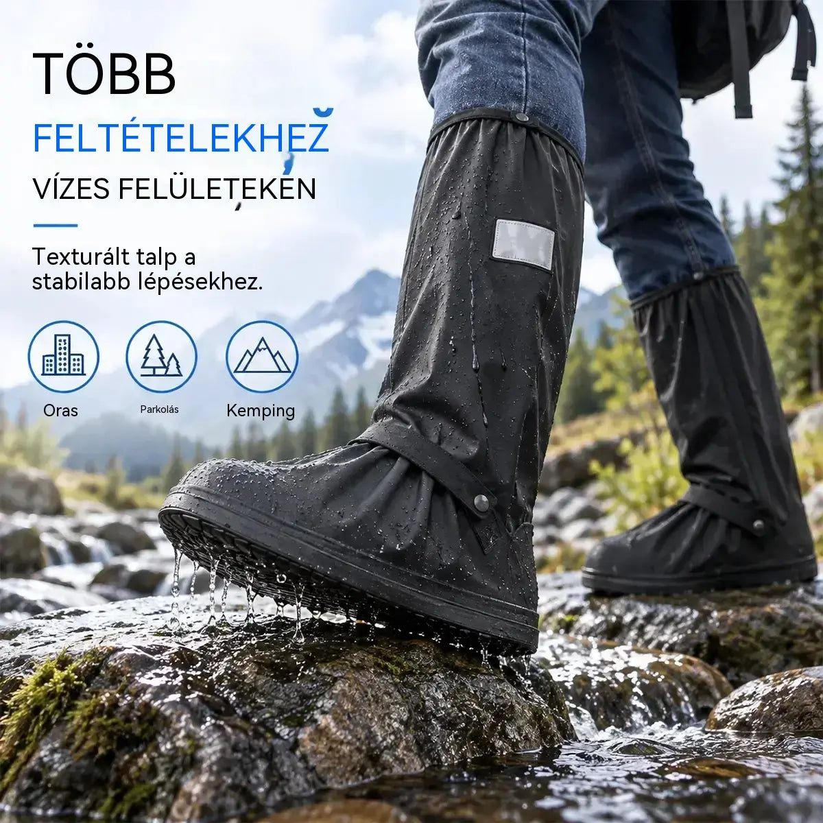 Tökéletes esővédelem! Magas szárú, vízálló cipővédők (40 cm magasak)! Vastagított, csúszásgátló talp · Tartós PVC anyag!