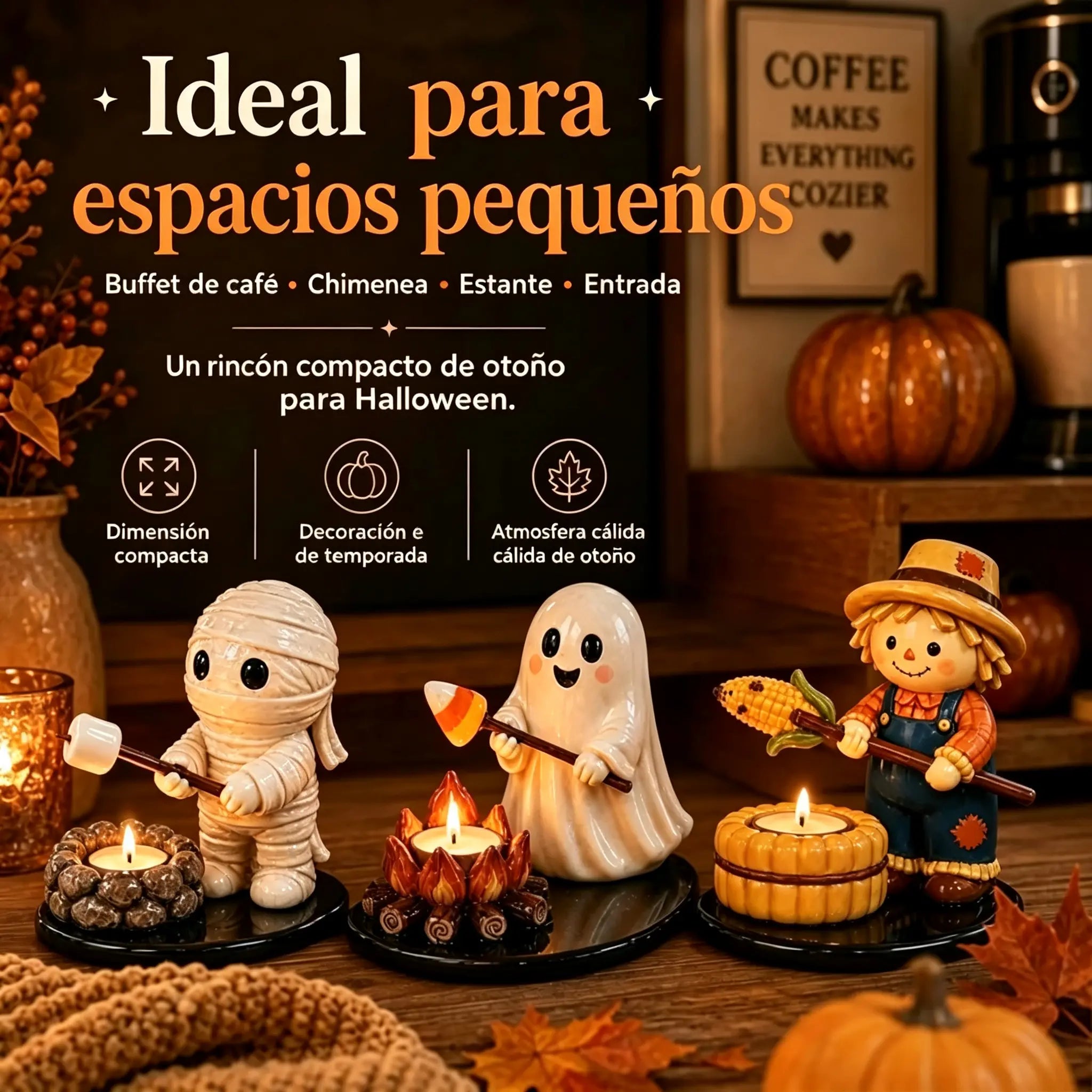 👻🔥 Portavelas de Fogata con Fantasmitas y Animales de Resina – Soporte para Vela de Té, Adorno de Escritorio 🕯️✨