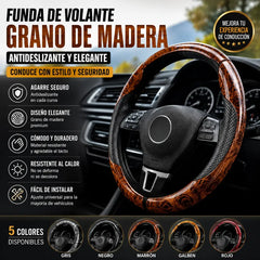 【1 juego de 3 piezas】 Funda antideslizante para volante de coche con vetas de madera