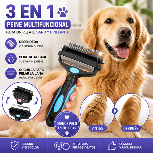 🐕🐈 Peine multifuncional 3 en 1 para desenredar el pelo de mascotas, peine para eliminar el pelo de perros y gatos.