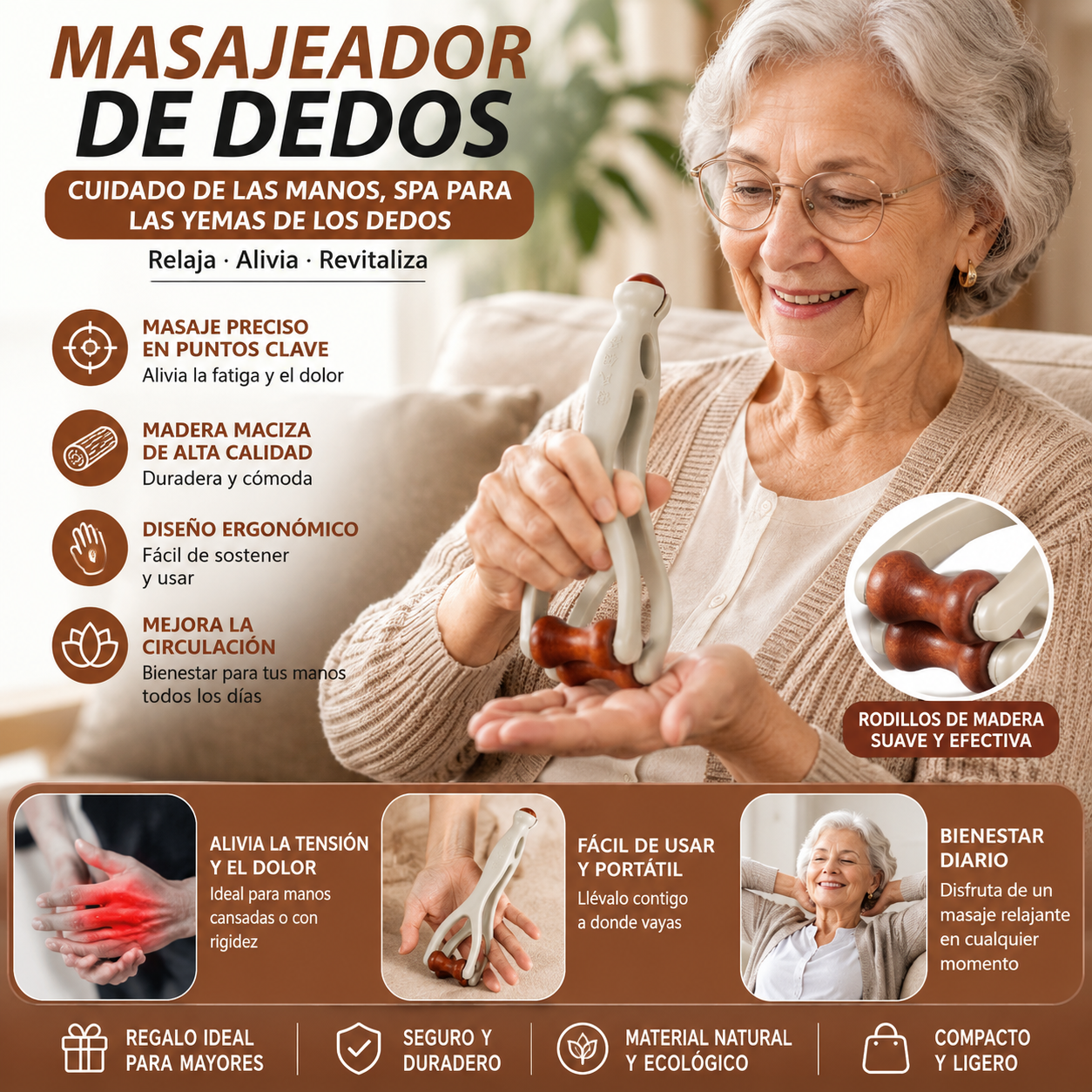 🌿 Masajeador de dedos de madera maciza: Los rodillos de madera natural ayudan a desbloquear los meridianos articulares y a aliviar la fatiga de las manos. 🌿