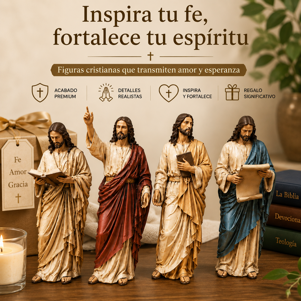 🔥 Último día: 50% de descuento - ✝️Conjunto de decoración de estantería con estatua de Jesús🙏Un compañero sagrado en tu camino diario de fe📚