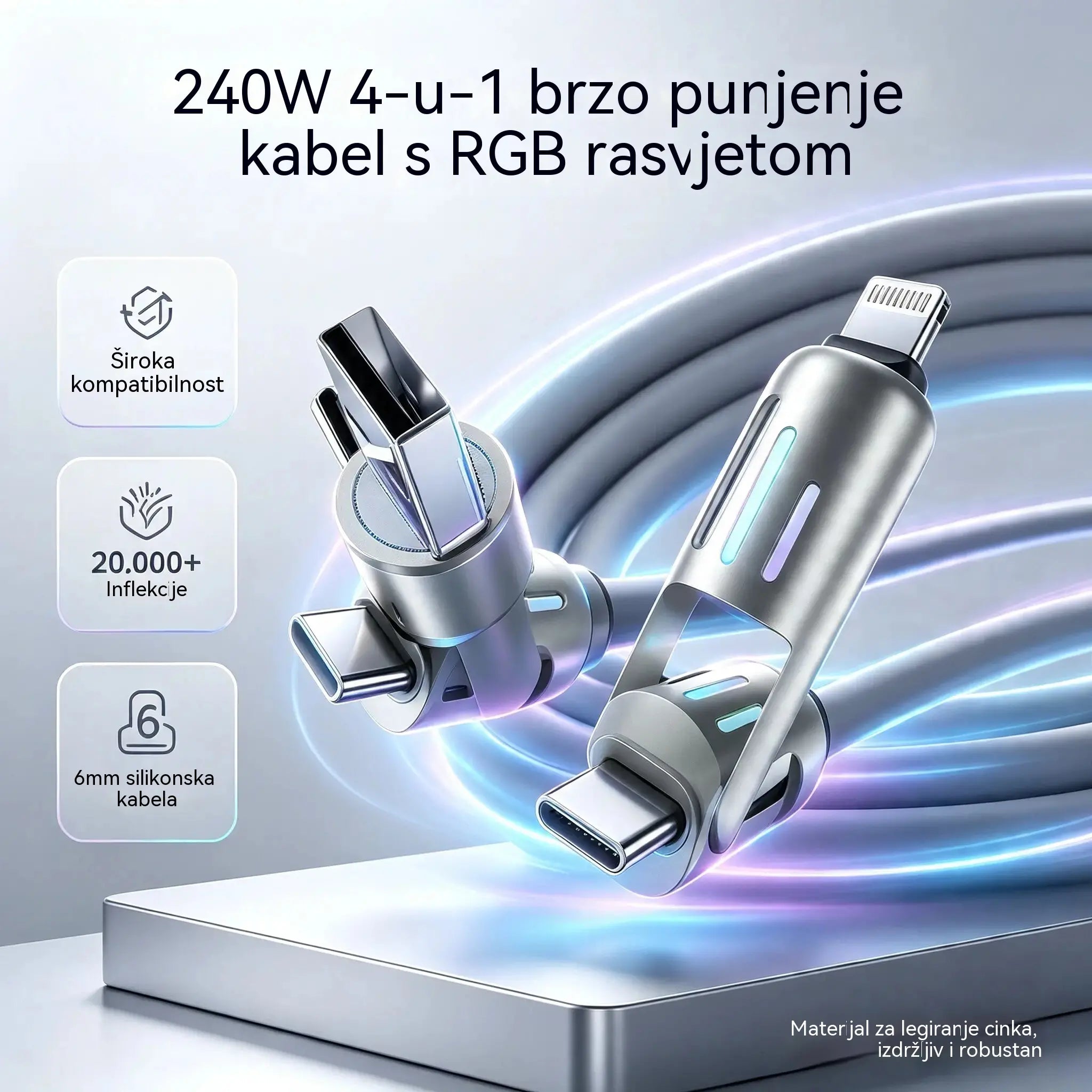 🔥 (duljine 2 metra) 4-u-1 PD 240W kabel – USB-C, Lightning i USB-A brzo punjenje, aluminij i silikon, sinkronizacija podataka ⚡📱