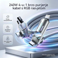 🔥 (duljine 2 metra) 4-u-1 PD 240W kabel – USB-C, Lightning i USB-A brzo punjenje, aluminij i silikon, sinkronizacija podataka ⚡📱