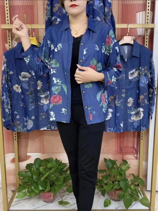 🔥【S-4XL】Camisa con estampado de mezclilla para madre de mediana edad
