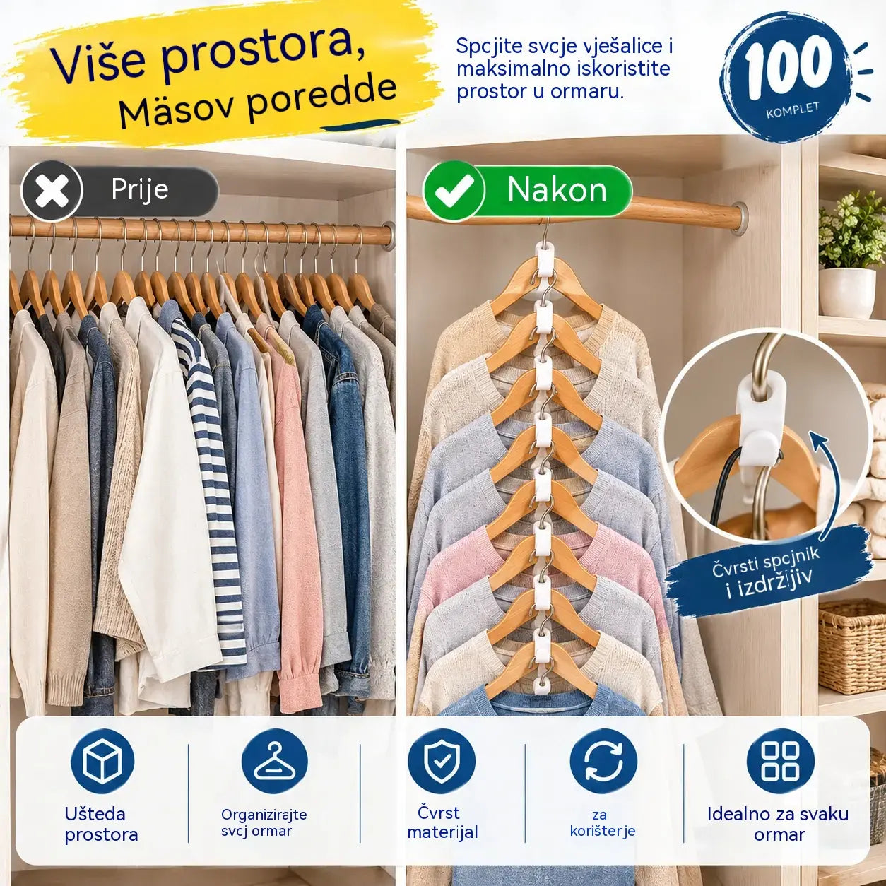 👕✨【Pakiranje od 100】Spojnice za vješalice za odjeću koje štede prostor: Udvostručuju prostor u vašem ormaru; čvrste su i izdržljive.
