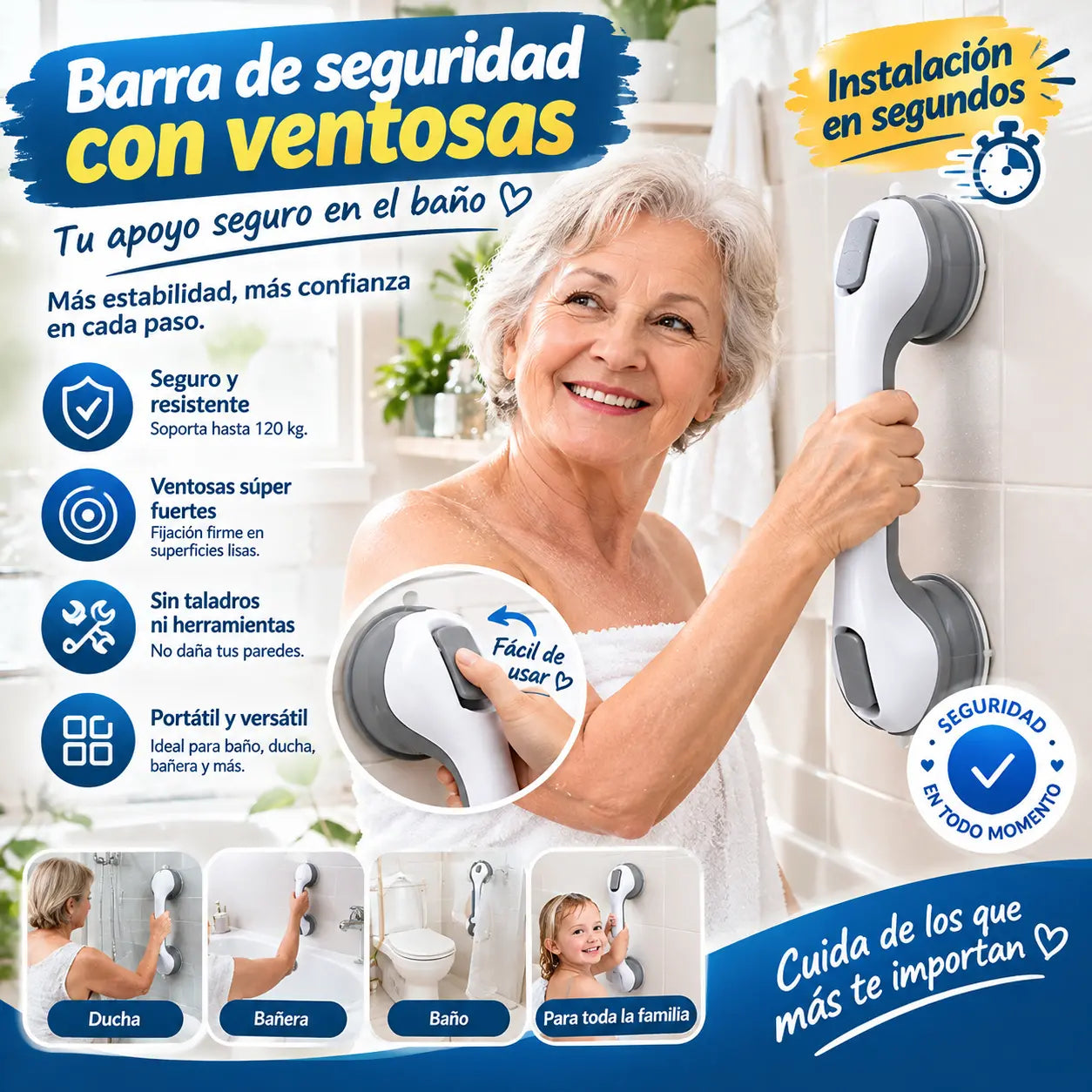 🔥Pasamanos de baño con ventosa multifuncional, no es necesario perforar agujeros, no es necesario instalar, fácil de usar.