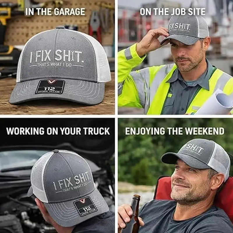 🧢 OFERTA ESPECIAL: ¡50% DE DESCUENTO EN TODAS LAS GORRAS! ✨ Gorra de camionero con bordado "I Fix Shit" – Malla transpirable, protección solar y ajustable 🛠️