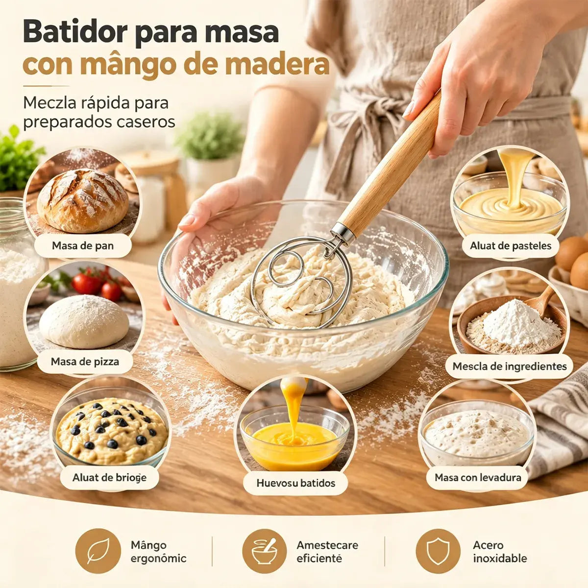 🥖 Mezclador Manual de Masa de Acero Inoxidable con Mango de Roble – Herramienta Indispensable para Hornear, Amasar y Tamizar · ¡Compra uno y llévate otro gratis (recibes 2 unidades)! 🌾