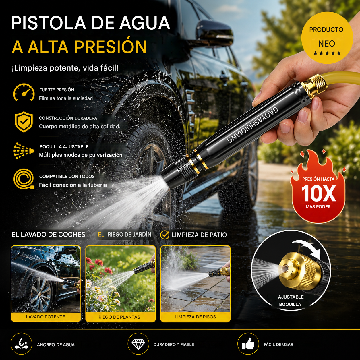 💧🚗Nueva boquilla de lavado de autos de alta presión, universal para regar flores, lavar autos y limpiar el suelo