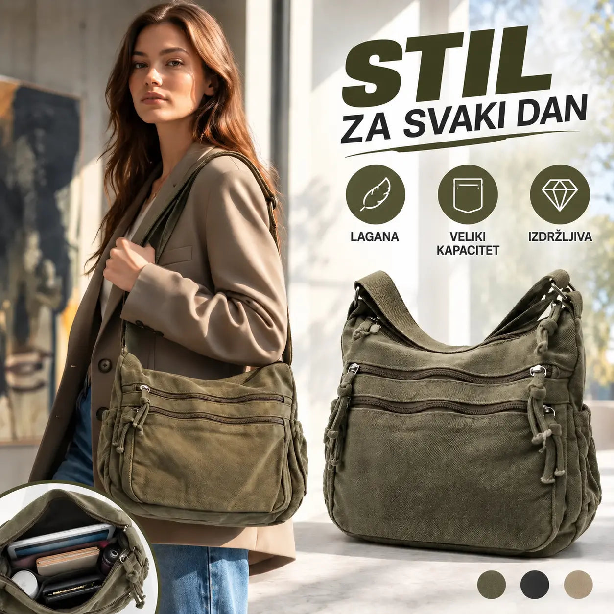 👜✨Prostrana torba za nošenje preko tijela od platna s efektom istrošenosti: odlikuje se dizajnom s više pretinaca na patentni zatvarač te širokom, podesivom naramenicom.