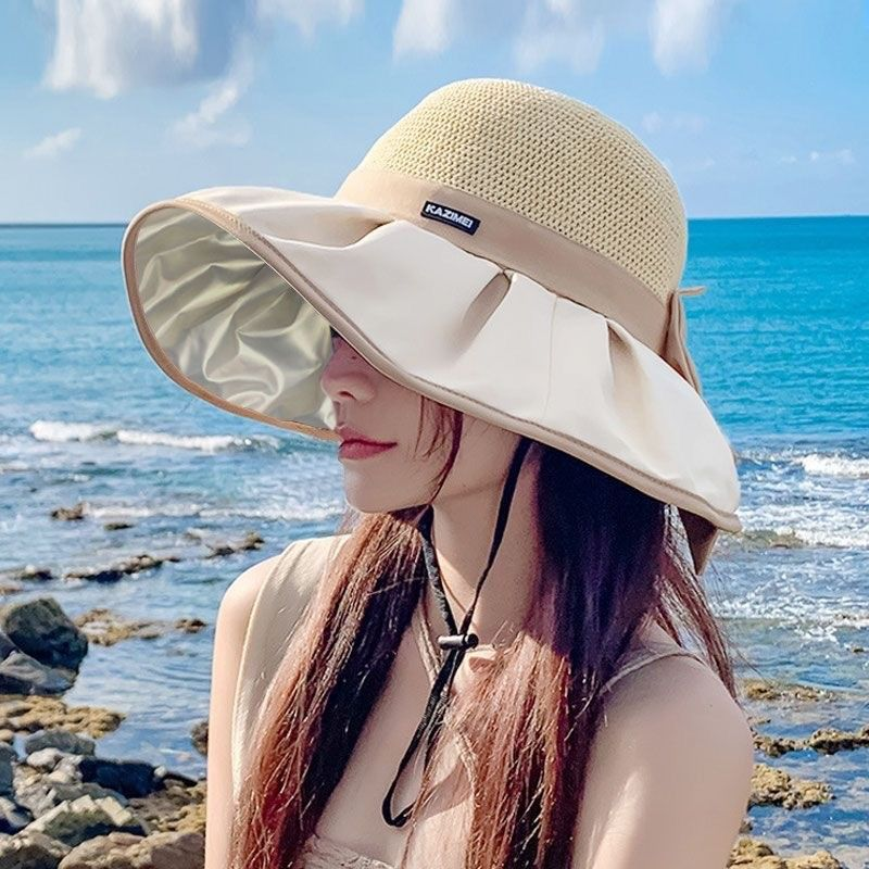 👒🎀Sombrero de sol de punto con lazo – UPF 50+, ala ajustable, perfecto para coletas
