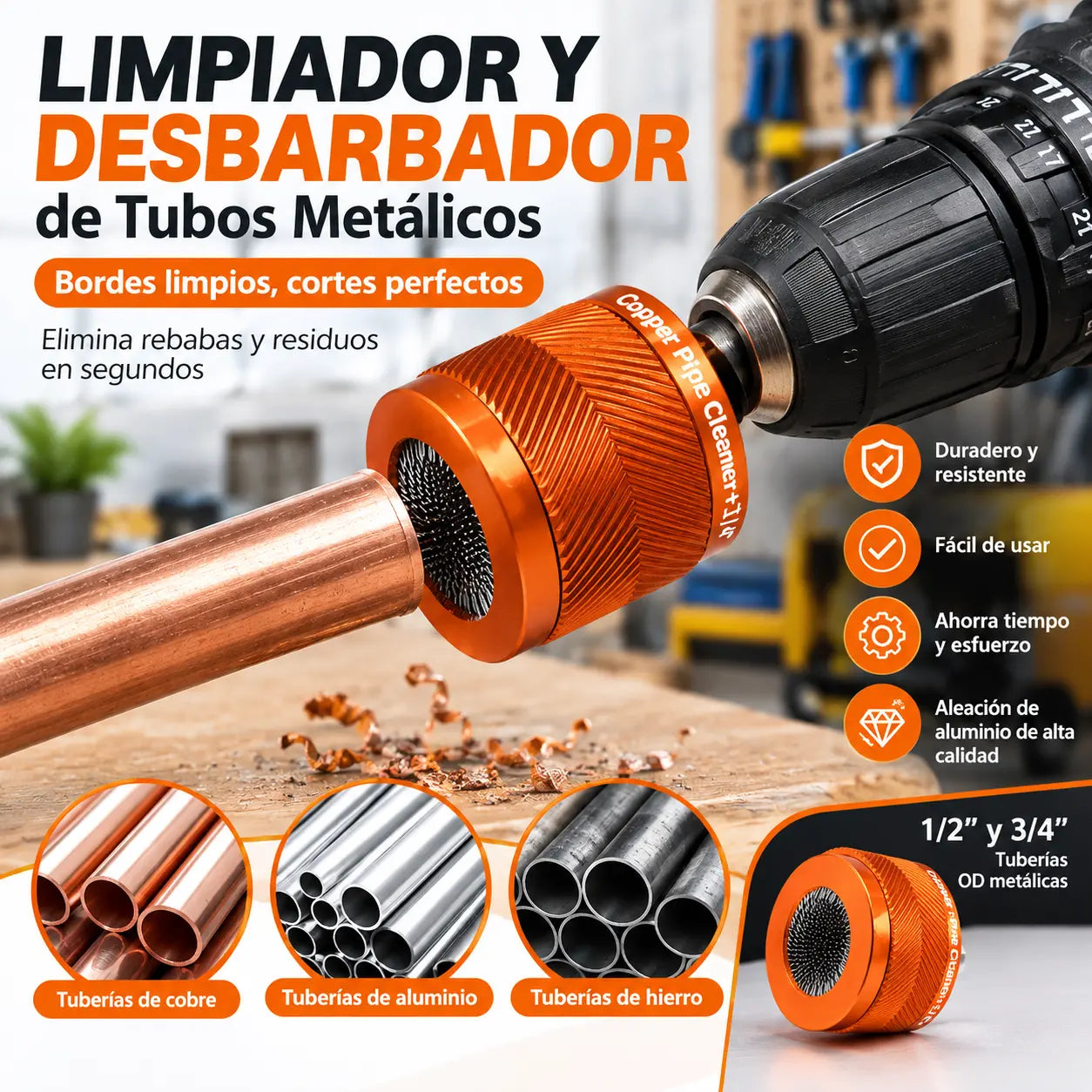 🔧【2 unidades】✨ Cepillo para pulir tuberías de cobre para taladro eléctrico |  Limpieza y Abrillantado Profesional