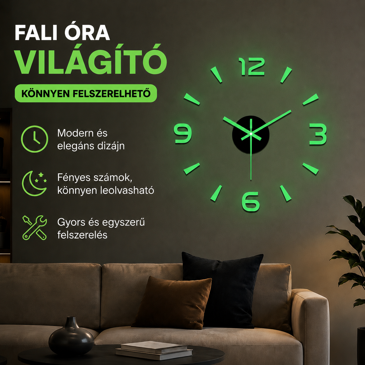 🕑✨Világító 3D akril falióra – fúrás nélkül (összeszerelés nem szükséges)