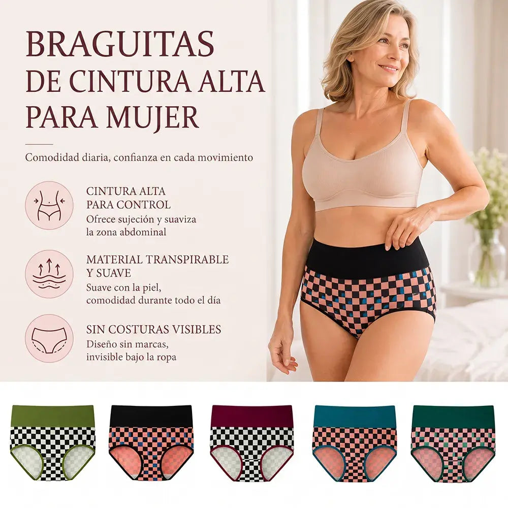 🩲【S-XL】Braguitas de Cintura Alta de Algodón para Mujer ✨ Ropa Interior Transpirable Estampado Cuadros