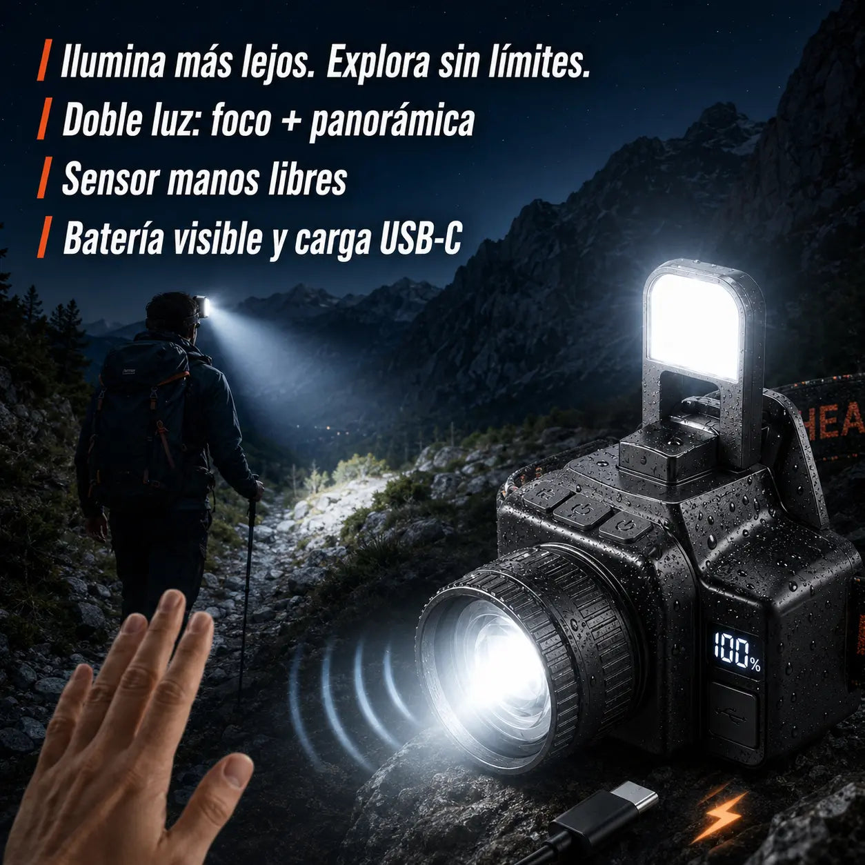 💡Potente linterna frontal de inducción para uso doméstico, uso al aire libre, zoom, largo alcance, recargable, larga duración, caminata nocturna, aventura, pesca nocturna