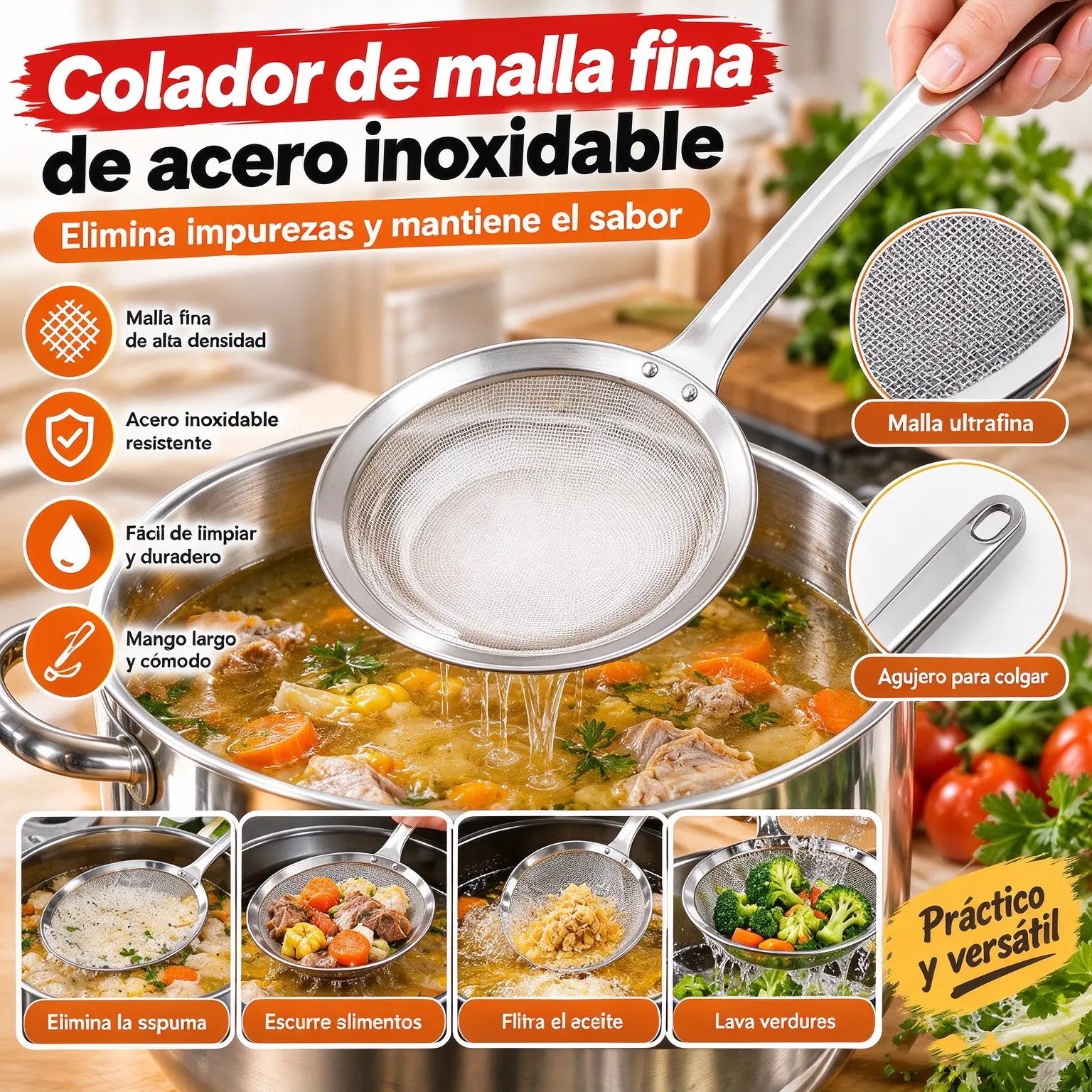🍲 3 piezas🍲 Cuchara Coladora de Acero Inoxidable 304 | ¡Filtra Espuma y Residuos Fácilmente!