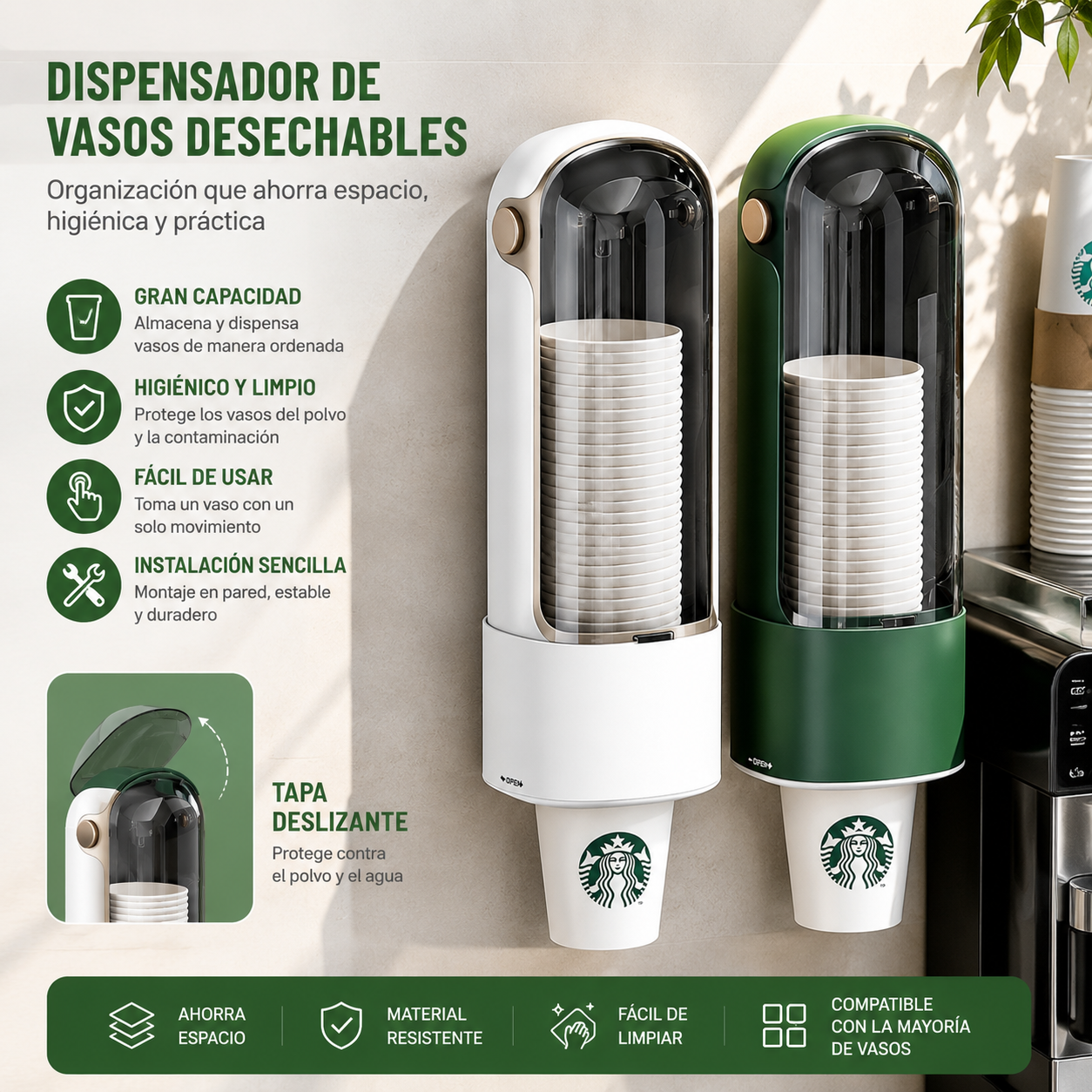 Dispensador de vasos desechables, para montaje en pared en el hogar.