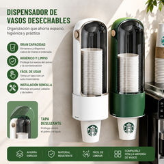Dispensador de vasos desechables, para montaje en pared en el hogar.