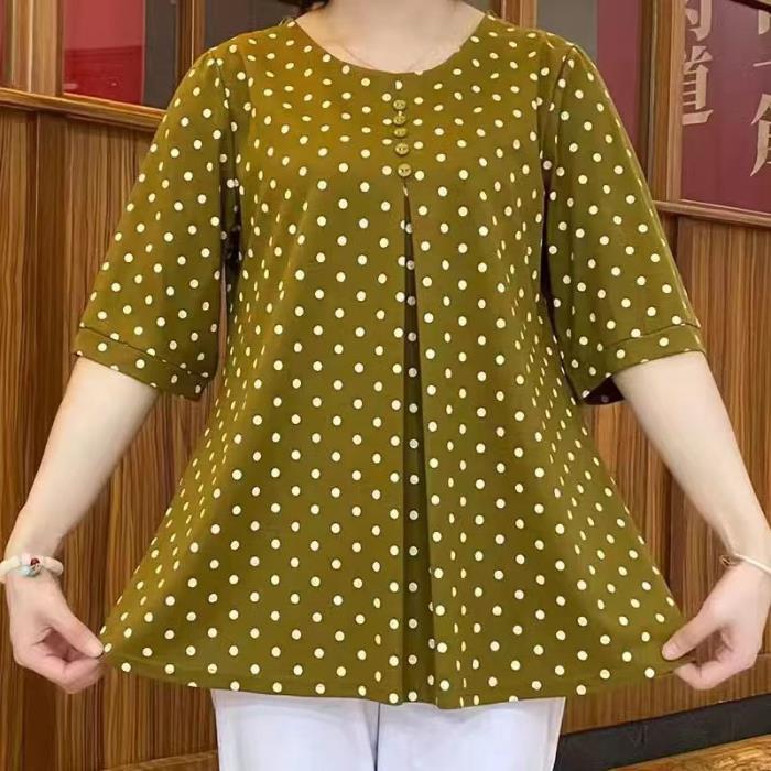 💞【L-5XL】Nueva camiseta de verano de tallas grandes de largo medio con estampado de lunares 2026