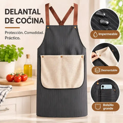🍳【Compra uno, llévate otro gratis】💧 Delantal Impermeable con Toalla de Manos Desmontable, Correas Cruzadas de Cuero, Resistente al Aceite y Agua, Diseño a Rayas para Cocina y Hogar ✨