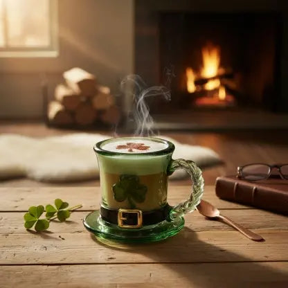🔥☕Taza de cristal con gorro de duendecillo y trébol de la suerte - Taza de café verde esmeralda