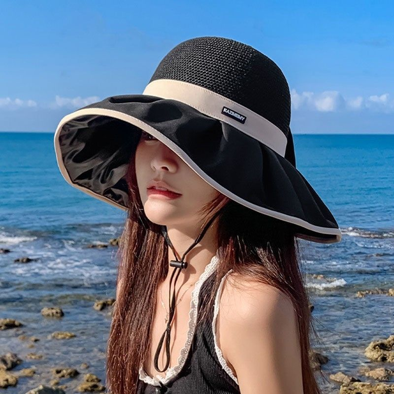 👒🎀Sombrero de sol de punto con lazo – UPF 50+, ala ajustable, perfecto para coletas