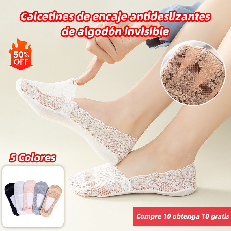 【10 pares】Calcetines de encaje antideslizantes de algodón invisible, silicona que se ajusta al talón, estables y no fáciles de deslizar