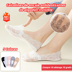 【10 pares】Calcetines de encaje antideslizantes de algodón invisible, silicona que se ajusta al talón, estables y no fáciles de deslizar
