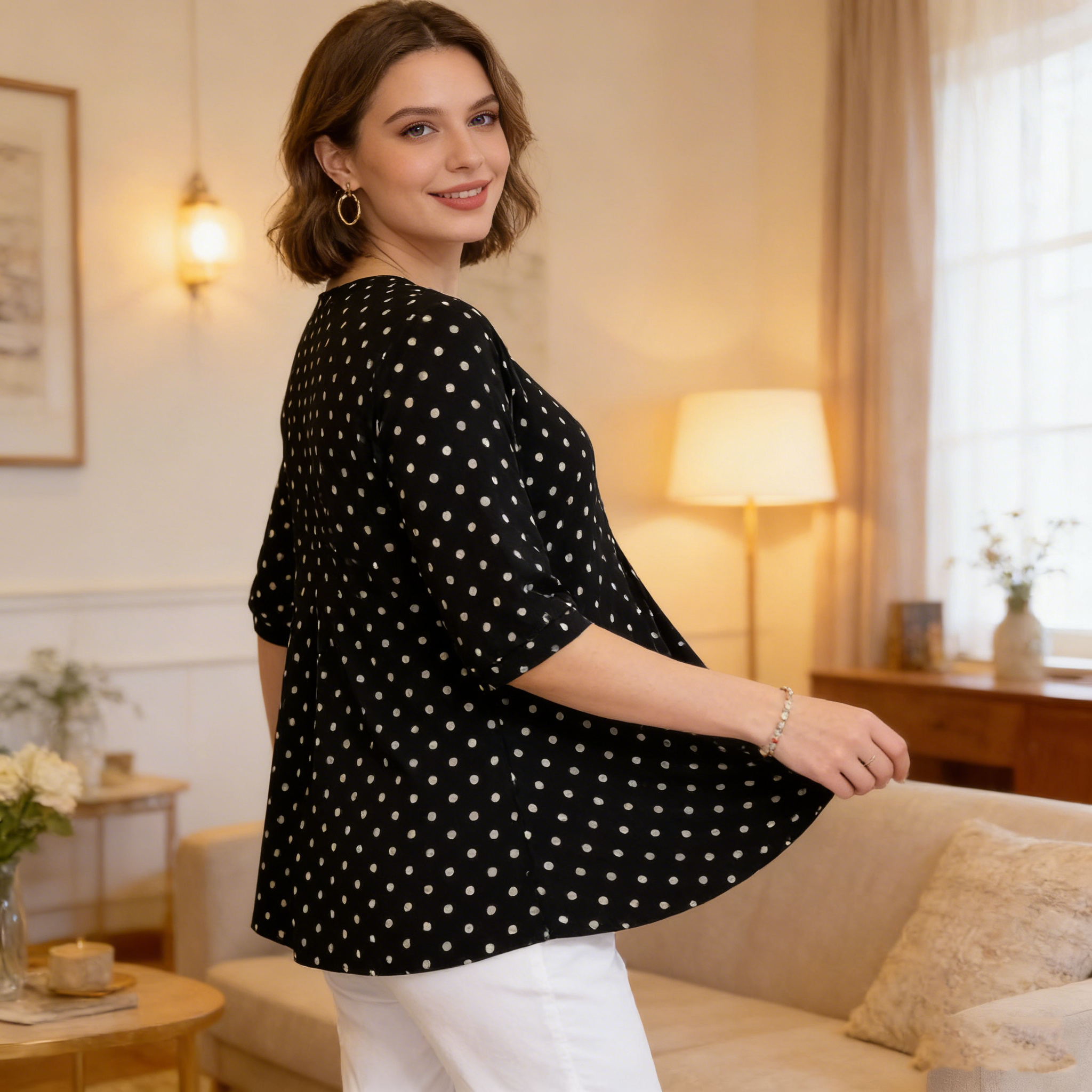 💞【L-5XL】Nueva camiseta de verano de tallas grandes de largo medio con estampado de lunares 2026