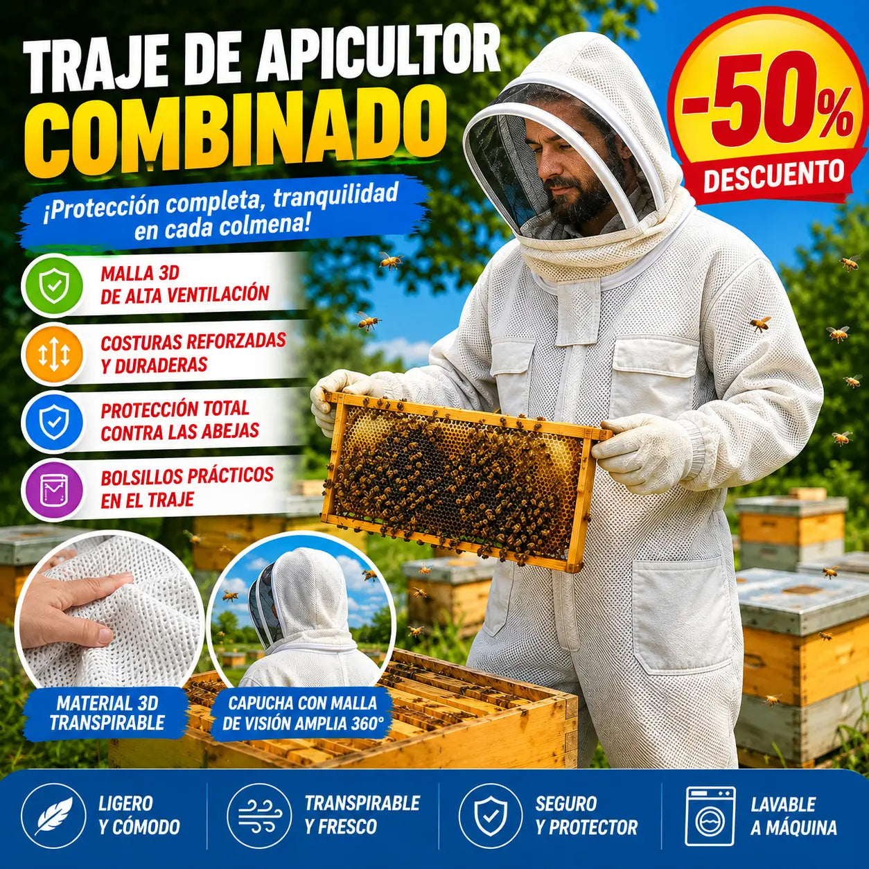 【M-2XL】🐝Mono de abeja hecho de malla de algodón 3D