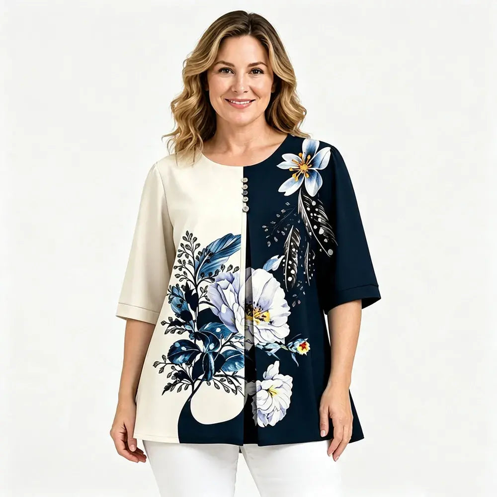 🔥【Oferta por tiempo limitado】【M-5XL】✨Blusa holgada de mujer de manga 3/4 con estampado, cuello redondo, estilo casual y elegante