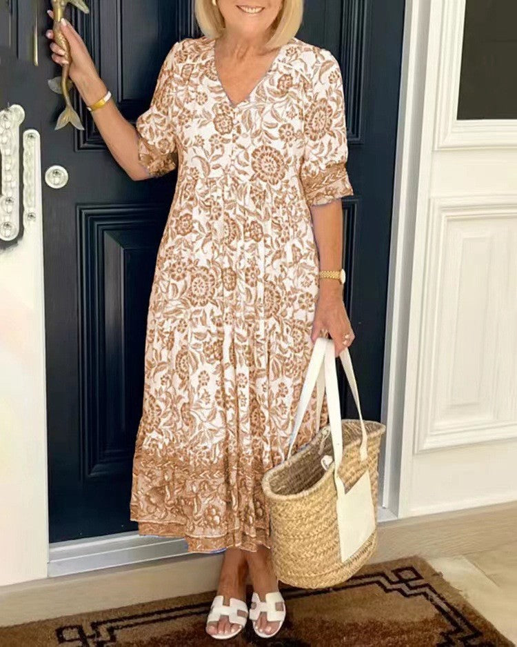 💃【S-3XL】2025 nuevo vestido largo floral elegante con cuello en V