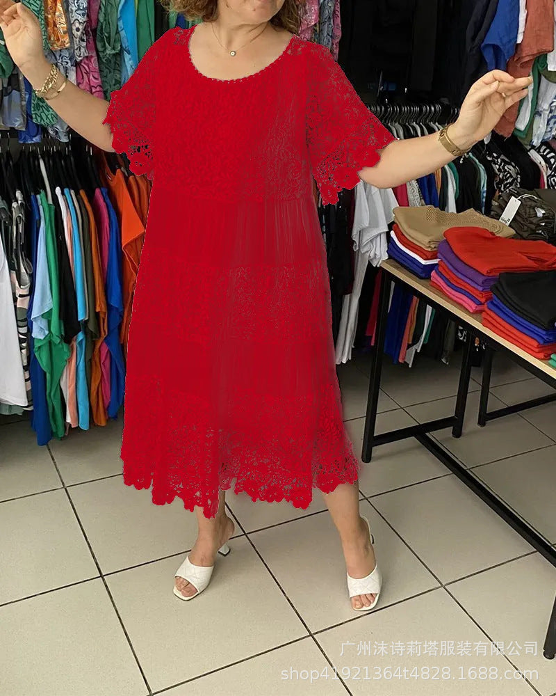 🔥El segundo artículo está a mitad de precio🔥[S-5XL]Nuevos vestidos de encaje de manga corta con cuello redondo