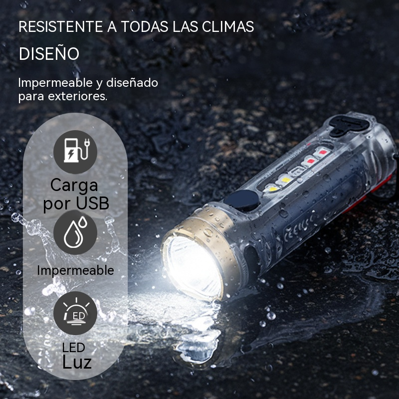 ✨☀️Una linterna compacta de alta intensidad con luz lateral multifuncional. Se carga rápidamente mediante USB-C, es portátil y tiene una batería de larga duración.