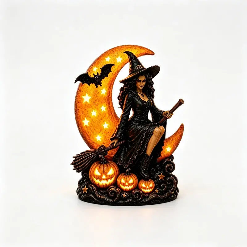🎃🔮 Lámpara de Bruja y Luna Llena – Estatua Gótica Decorativa, Regalo Ideal 🌙 🎃