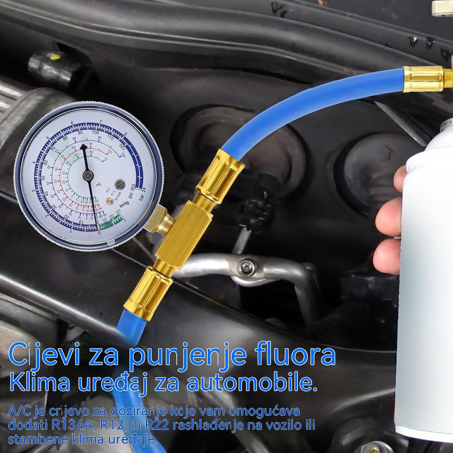 🔧❄️ Crijevo za punjenje rashladnog sredstva R134a s manometrom – Nepropusno, lako očitljivo i kompatibilno s automobilima, kamionima ili kućnim klima uređajima – Sigurno DIY punjenje 🚗