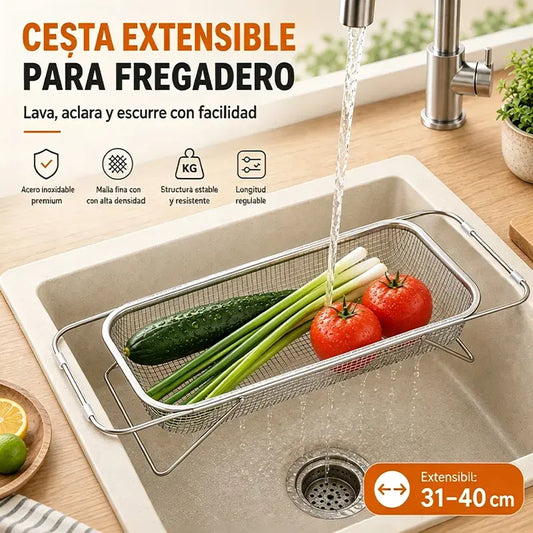 🧺 Escurridor de acero inoxidable extensible para fregadero – Bandeja plegable multiusos para verduras, frutas y vajilla 🍎